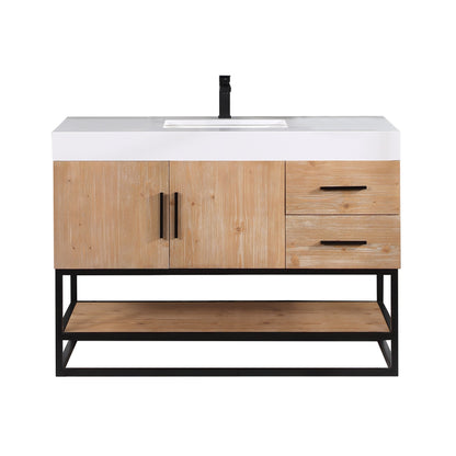 Bianco 48" Single Bathroom Vanity in Light Brown with Matte Black Support Base and White Engineered Stone Countertop without Mirror
