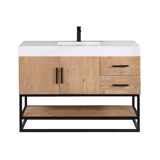 Bianco 48" Single Bathroom Vanity in Light Brown with Matte Black Support Base and White Engineered Stone Countertop without Mirror