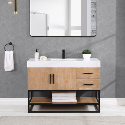 Bianco 48" Single Bathroom Vanity in Light Brown with Matte Black Support Base and White Engineered Stone Countertop without Mirror
