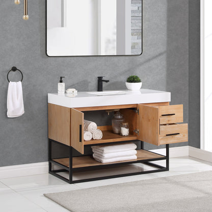 Bianco 48" Single Bathroom Vanity in Light Brown with Matte Black Support Base and White Engineered Stone Countertop without Mirror