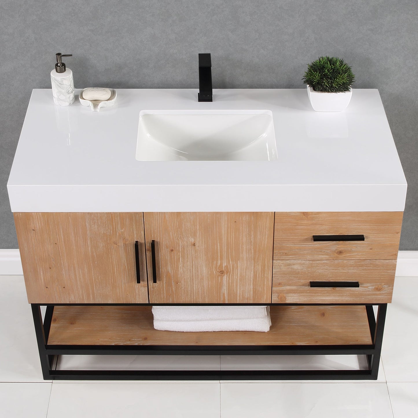 Bianco 48" Single Bathroom Vanity in Light Brown with Matte Black Support Base and White Engineered Stone Countertop without Mirror