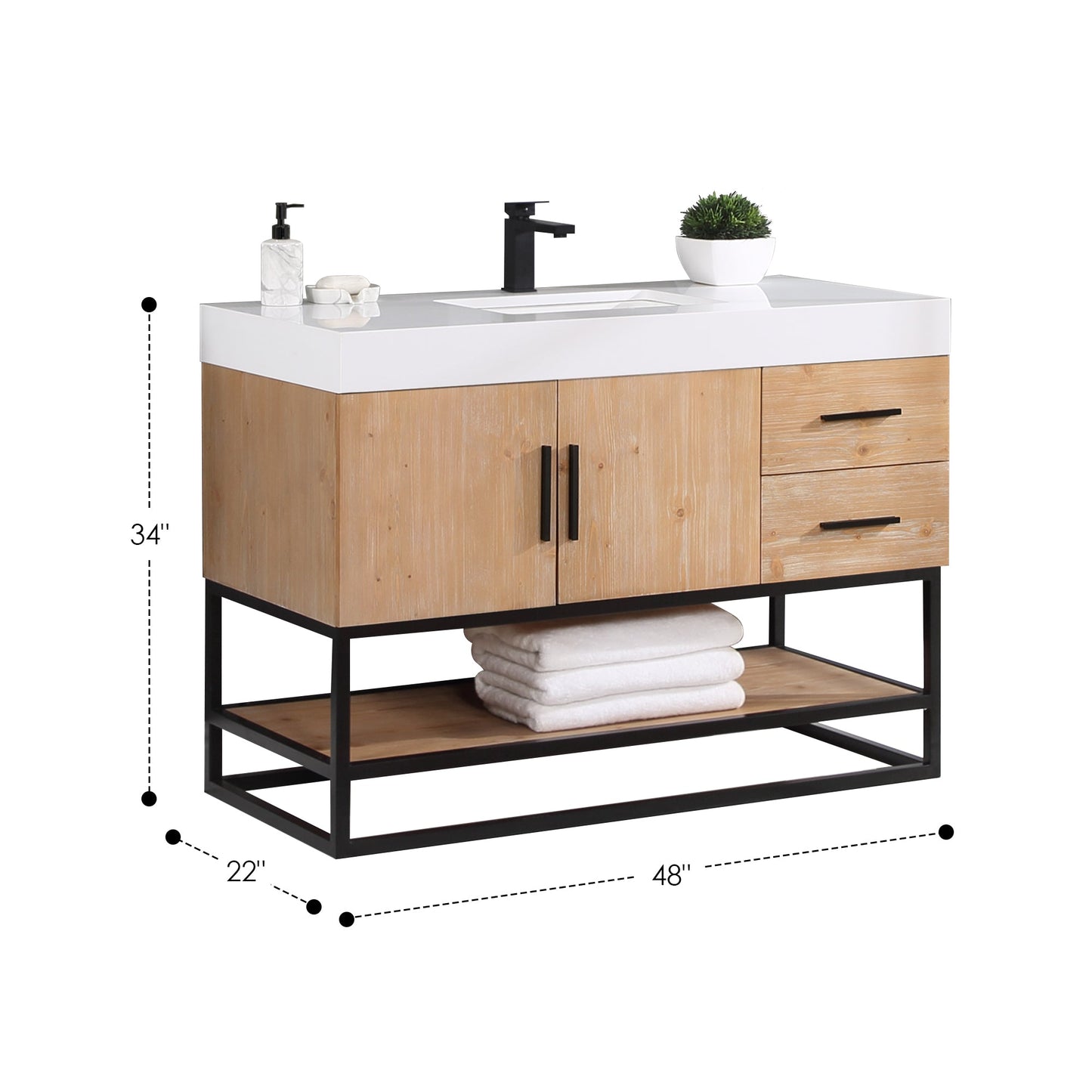 Bianco 48" Single Bathroom Vanity in Light Brown with Matte Black Support Base and White Engineered Stone Countertop with Mirror