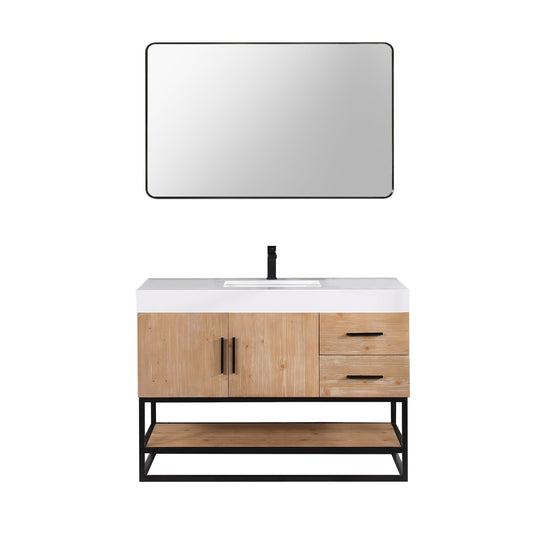 Bianco 48" Single Bathroom Vanity in Light Brown with Matte Black Support Base and White Engineered Stone Countertop with Mirror