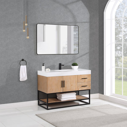 Bianco 48" Single Bathroom Vanity in Light Brown with Matte Black Support Base and White Engineered Stone Countertop with Mirror