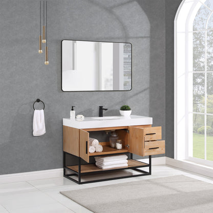 Bianco 48" Single Bathroom Vanity in Light Brown with Matte Black Support Base and White Engineered Stone Countertop with Mirror