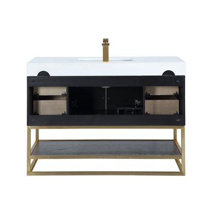 Bianco 48D" Single Bathroom Vanity in Black Oak with Brushed Gold Support Base and White Engineered Stone Countertop without Mirror