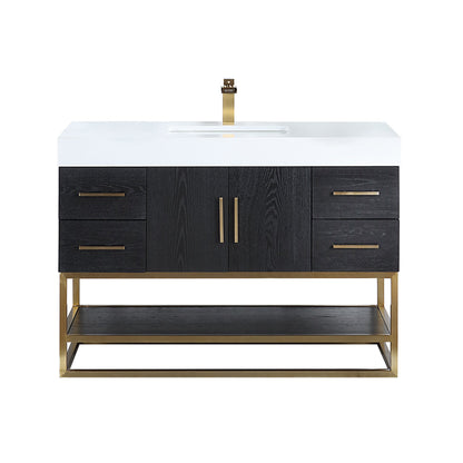 Bianco 48D" Single Bathroom Vanity in Black Oak with Brushed Gold Support Base and White Engineered Stone Countertop without Mirror