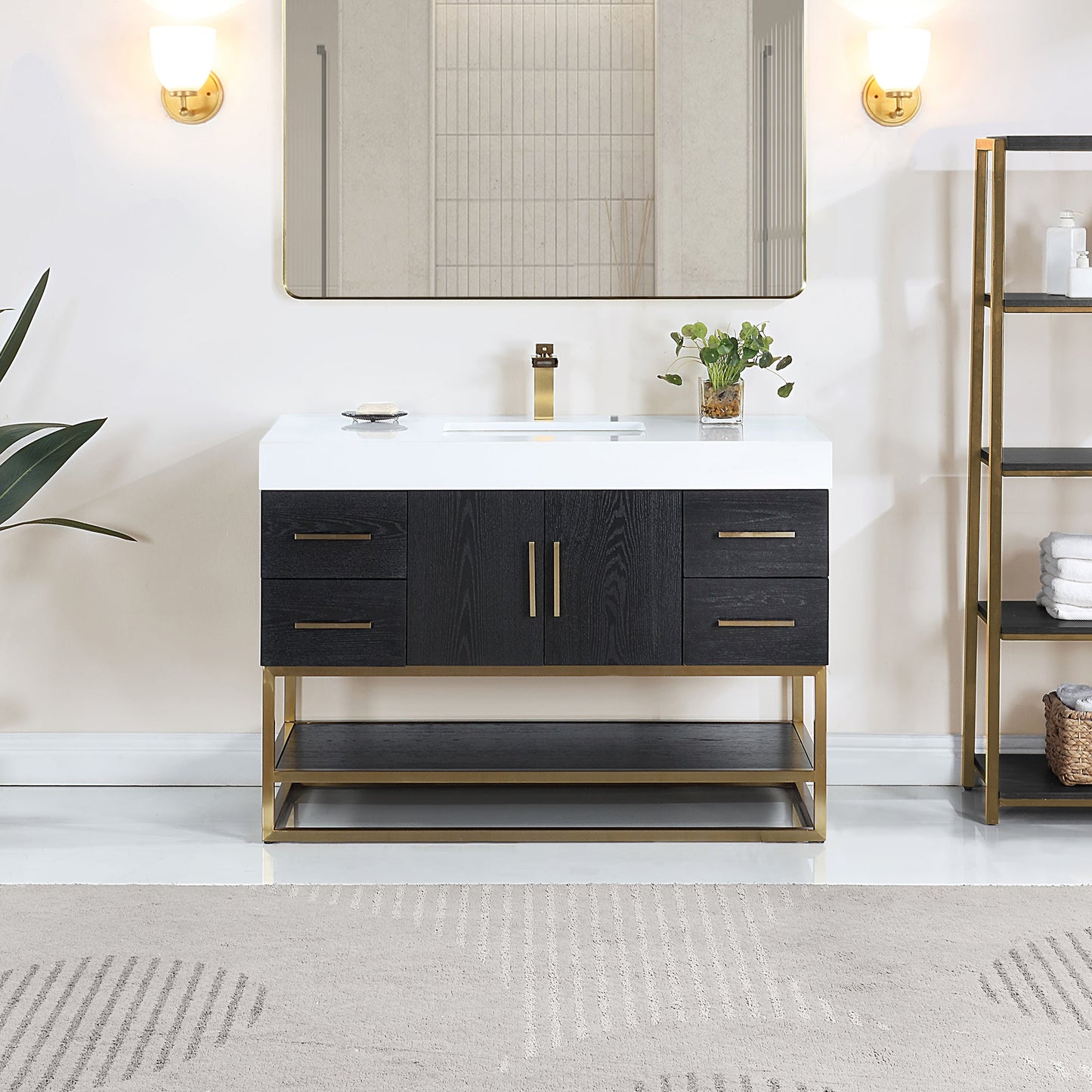 Bianco 48D" Single Bathroom Vanity in Black Oak with Brushed Gold Support Base and White Engineered Stone Countertop without Mirror