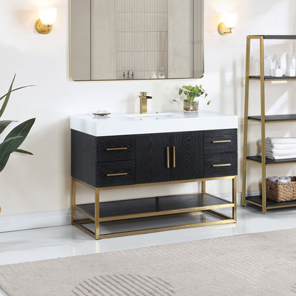 Bianco 48D" Single Bathroom Vanity in Black Oak with Brushed Gold Support Base and White Engineered Stone Countertop without Mirror