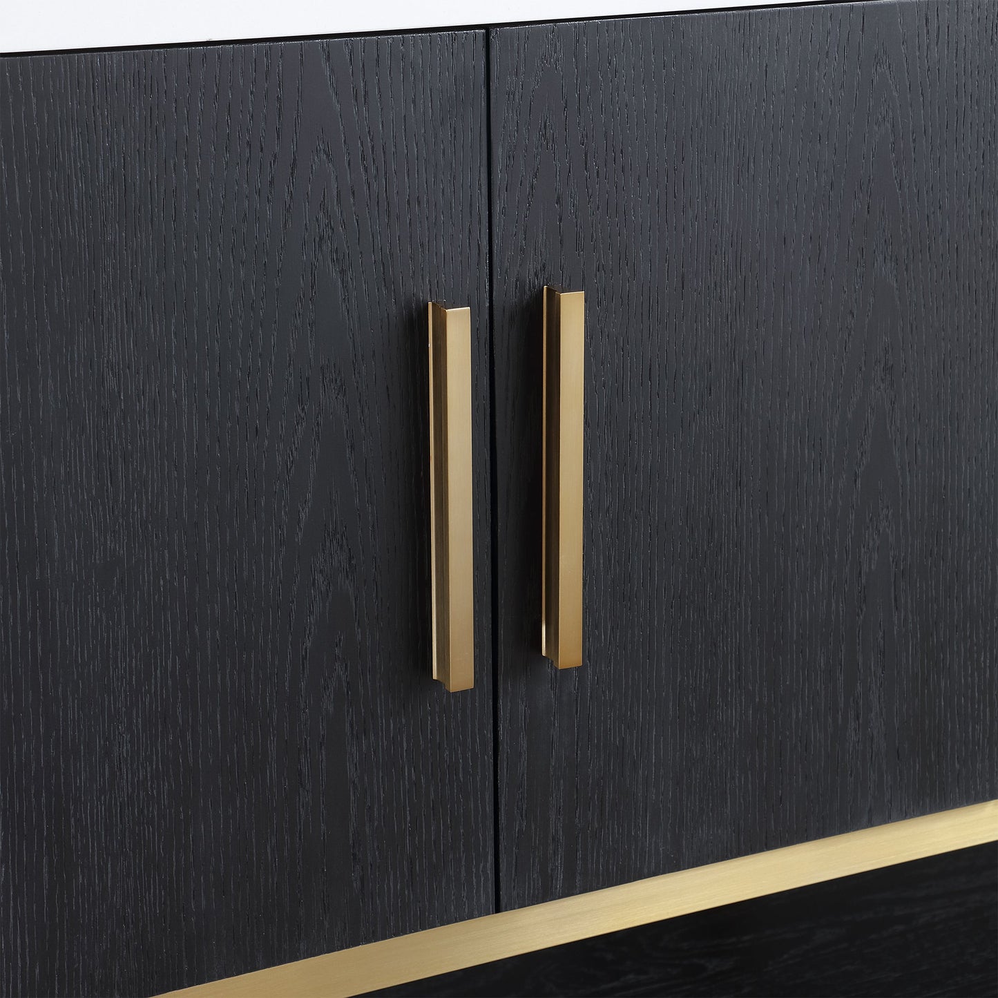 Bianco 48D" Single Bathroom Vanity in Black Oak with Brushed Gold Support Base and White Engineered Stone Countertop with Mirror