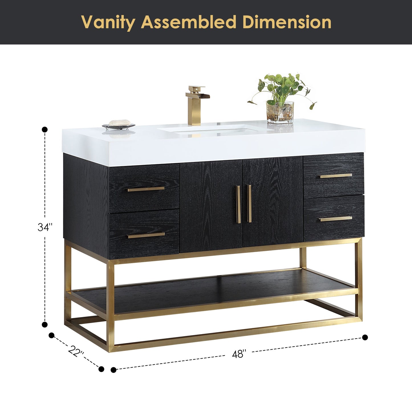 Bianco 48D" Single Bathroom Vanity in Black Oak with Brushed Gold Support Base and White Engineered Stone Countertop with Mirror