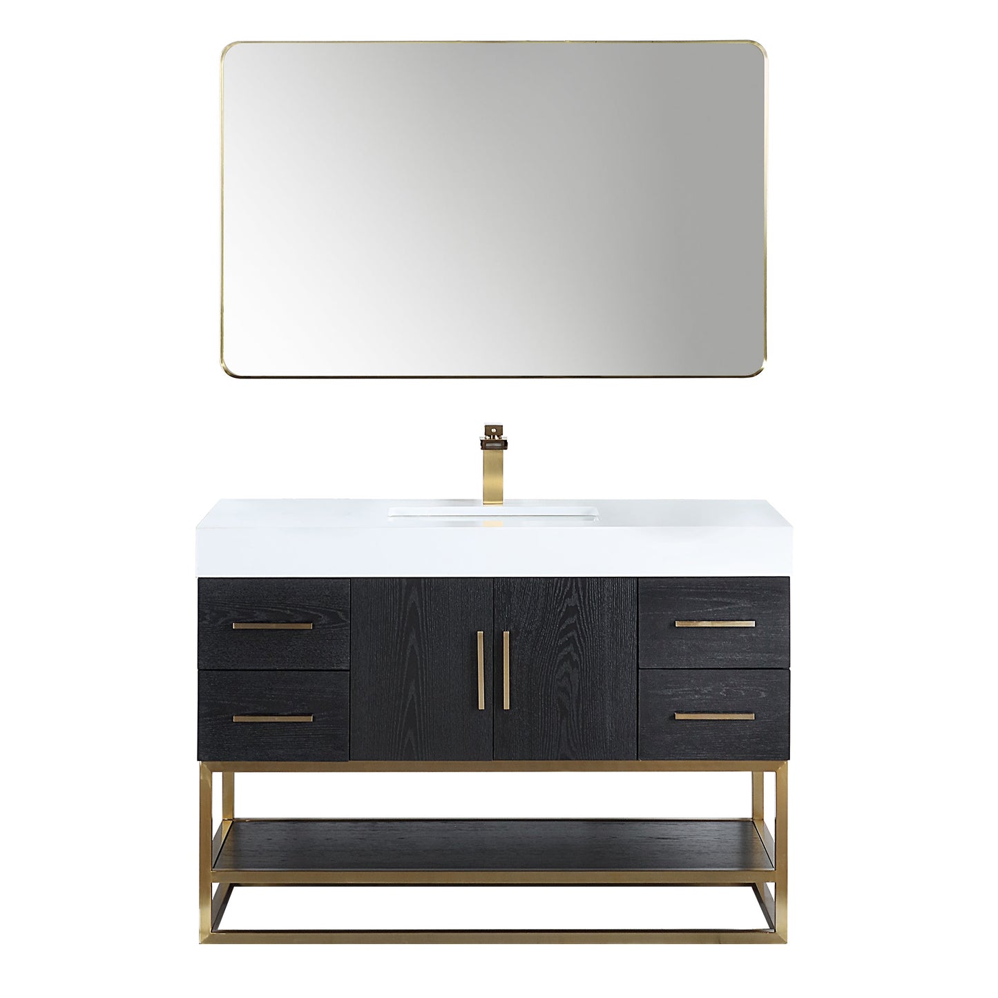 Bianco 48D" Single Bathroom Vanity in Black Oak with Brushed Gold Support Base and White Engineered Stone Countertop with Mirror