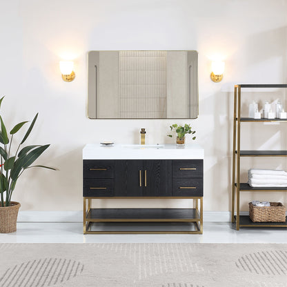 Bianco 48D" Single Bathroom Vanity in Black Oak with Brushed Gold Support Base and White Engineered Stone Countertop with Mirror