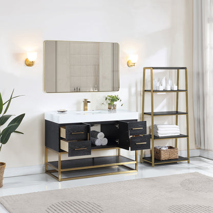 Bianco 48D" Single Bathroom Vanity in Black Oak with Brushed Gold Support Base and White Engineered Stone Countertop with Mirror