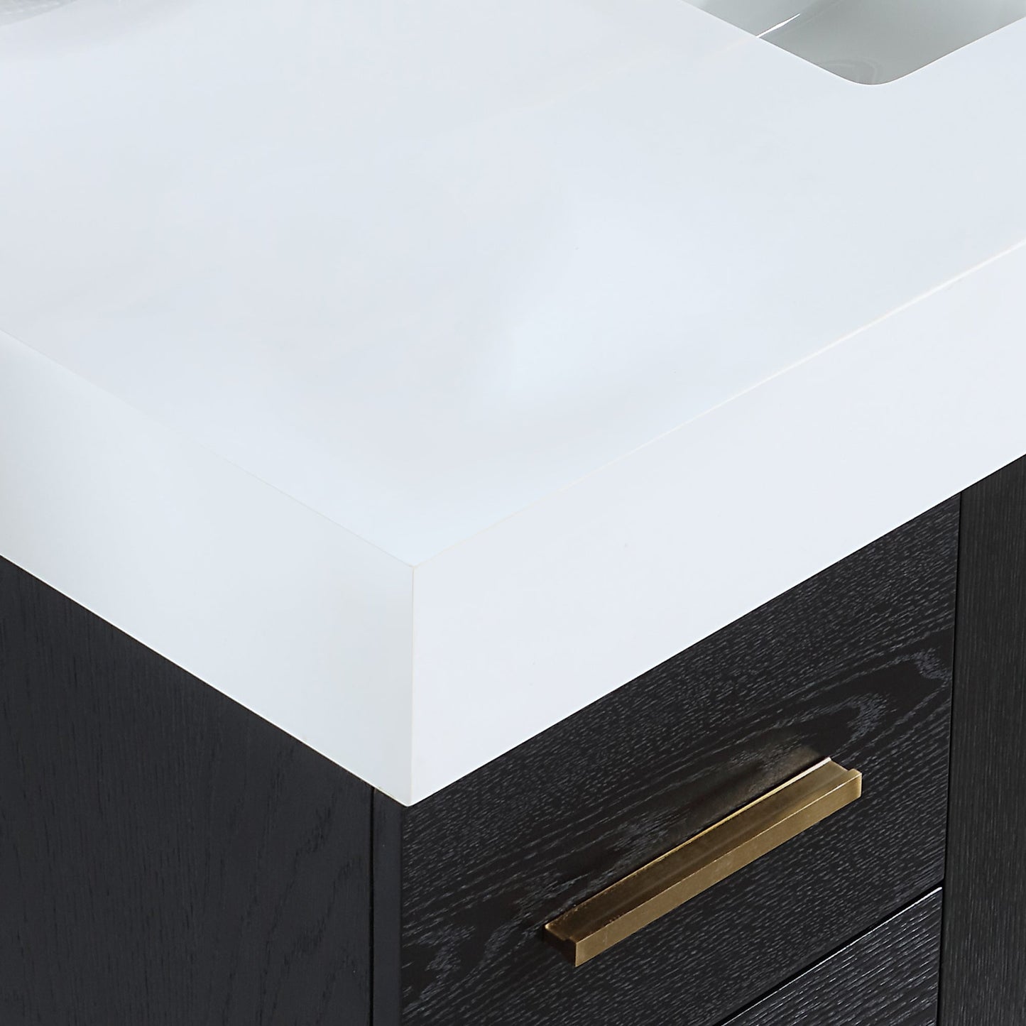 Bianco 48D" Single Bathroom Vanity in Black Oak with Brushed Gold Support Base and White Engineered Stone Countertop with Mirror