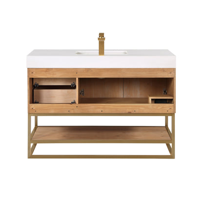 Bianco 48" Single Bathroom Vanity in Light Brown with Brushed Gold Support Base and White Engineered Stone Countertop without Mirror