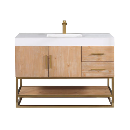 Bianco 48" Single Bathroom Vanity in Light Brown with Brushed Gold Support Base and White Engineered Stone Countertop without Mirror