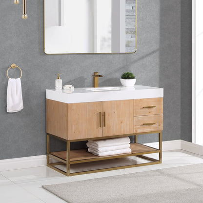 Bianco 48" Single Bathroom Vanity in Light Brown with Brushed Gold Support Base and White Engineered Stone Countertop without Mirror