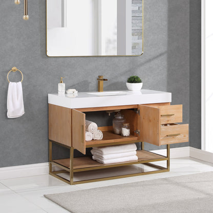 Bianco 48" Single Bathroom Vanity in Light Brown with Brushed Gold Support Base and White Engineered Stone Countertop without Mirror