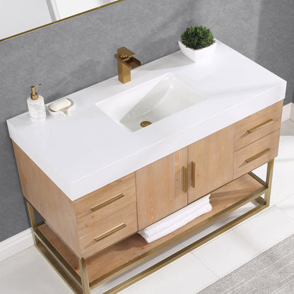 Bianco 48" Single Bathroom Vanity in Light Brown with Brushed Gold Support Base and White Engineered Stone Countertop without Mirror