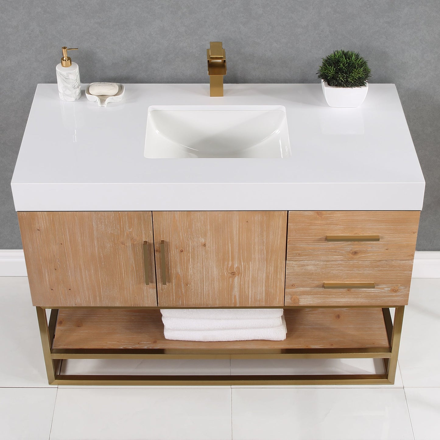 Bianco 48" Single Bathroom Vanity in Light Brown with Brushed Gold Support Base and White Engineered Stone Countertop without Mirror