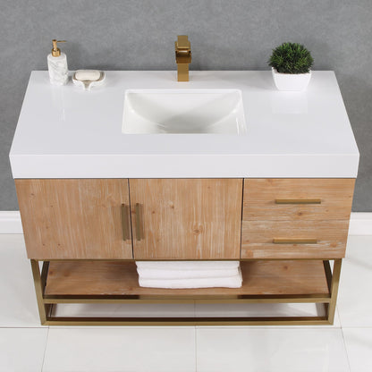 Bianco 48" Single Bathroom Vanity in Light Brown with Brushed Gold Support Base and White Engineered Stone Countertop without Mirror