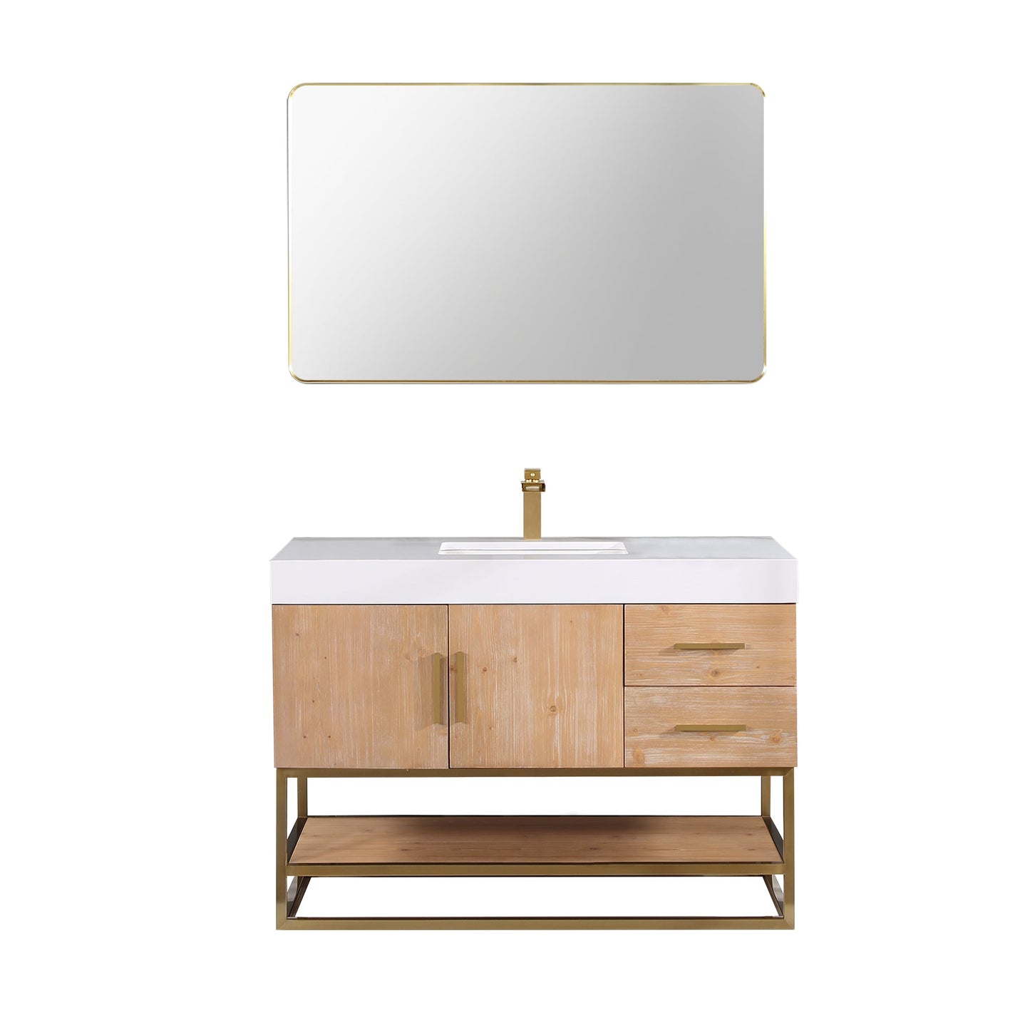 Bianco 48" Single Bathroom Vanity in Light Brown with Brushed Gold Support Base and White Engineered Stone Countertop with Mirror