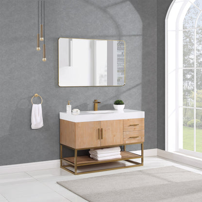 Bianco 48" Single Bathroom Vanity in Light Brown with Brushed Gold Support Base and White Engineered Stone Countertop with Mirror