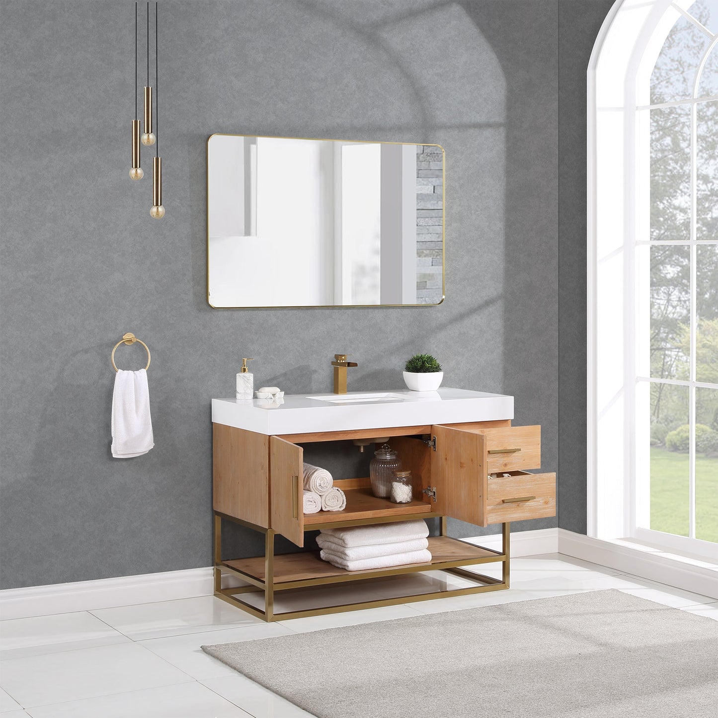 Bianco 48" Single Bathroom Vanity in Light Brown with Brushed Gold Support Base and White Engineered Stone Countertop with Mirror
