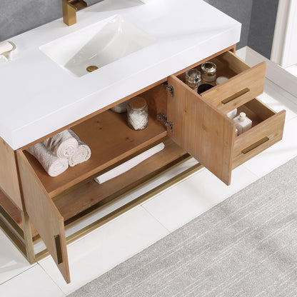 Bianco 48" Single Bathroom Vanity in Light Brown with Brushed Gold Support Base and White Engineered Stone Countertop with Mirror
