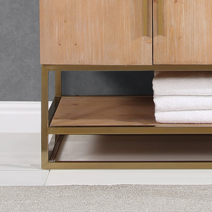 Bianco 48" Single Bathroom Vanity in Light Brown with Brushed Gold Support Base and White Engineered Stone Countertop with Mirror