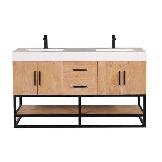 Bianco 60" Double Bathroom Vanity in Light Brown with Matte Black Support Base and White Engineered Stone Countertop without Mirror