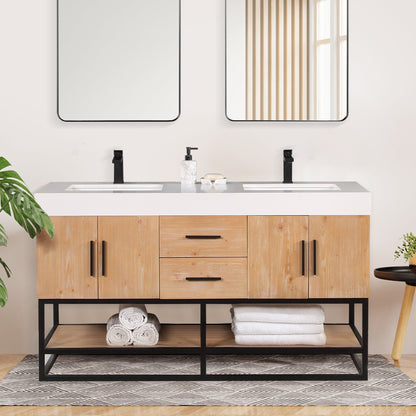 Bianco 60" Double Bathroom Vanity in Light Brown with Matte Black Support Base and White Engineered Stone Countertop without Mirror