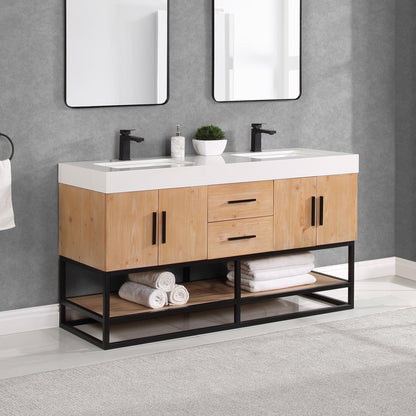 Bianco 60" Double Bathroom Vanity in Light Brown with Matte Black Support Base and White Engineered Stone Countertop without Mirror