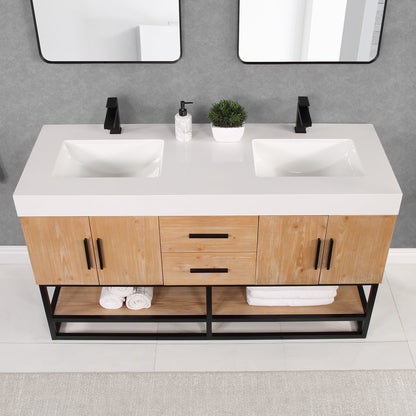 Bianco 60" Double Bathroom Vanity in Light Brown with Matte Black Support Base and White Engineered Stone Countertop without Mirror