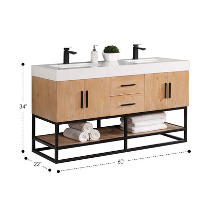 Bianco 60" Double Bathroom Vanity in Light Brown with Matte Black Support Base and White Engineered Stone Countertop with Mirror