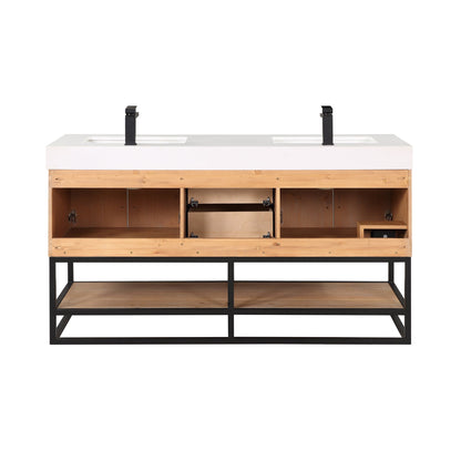 Bianco 60" Double Bathroom Vanity in Light Brown with Matte Black Support Base and White Engineered Stone Countertop with Mirror