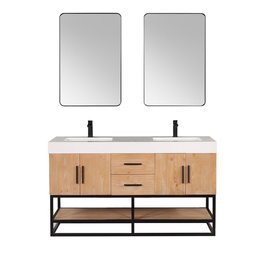 Bianco 60" Double Bathroom Vanity in Light Brown with Matte Black Support Base and White Engineered Stone Countertop with Mirror