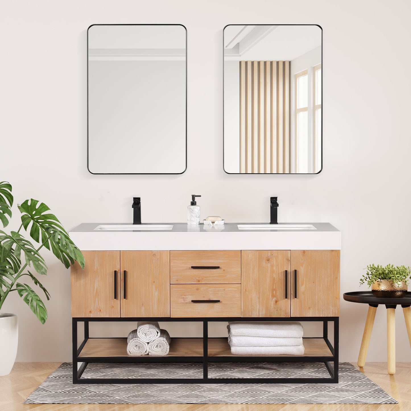Bianco 60" Double Bathroom Vanity in Light Brown with Matte Black Support Base and White Engineered Stone Countertop with Mirror