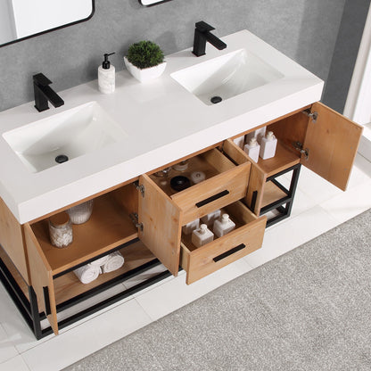 Bianco 60" Double Bathroom Vanity in Light Brown with Matte Black Support Base and White Engineered Stone Countertop with Mirror