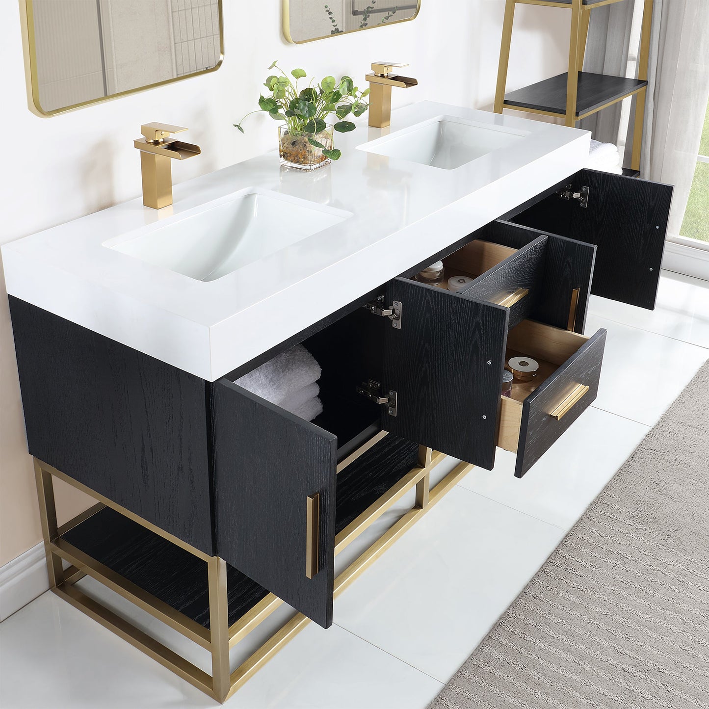 Bianco 60" Double Bathroom Vanity in Black Oak with Brushed Gold Support Base and White Engineered Stone Countertop without Mirror