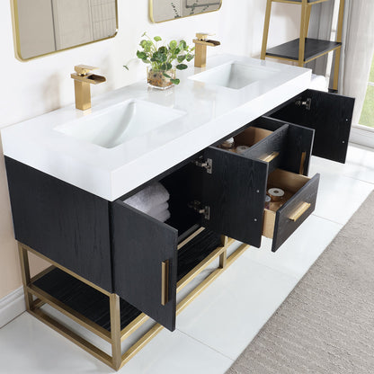Bianco 60" Double Bathroom Vanity in Black Oak with Brushed Gold Support Base and White Engineered Stone Countertop without Mirror