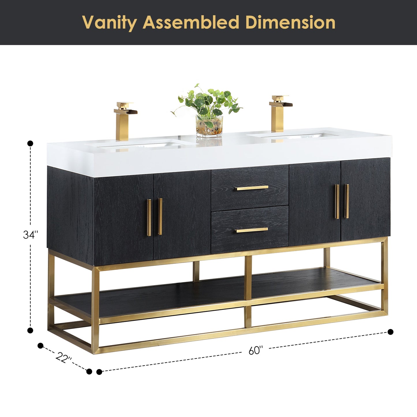 Bianco 60" Double Bathroom Vanity in Black Oak with Brushed Gold Support Base and White Engineered Stone Countertop without Mirror
