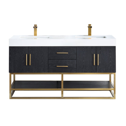 Bianco 60" Double Bathroom Vanity in Black Oak with Brushed Gold Support Base and White Engineered Stone Countertop without Mirror