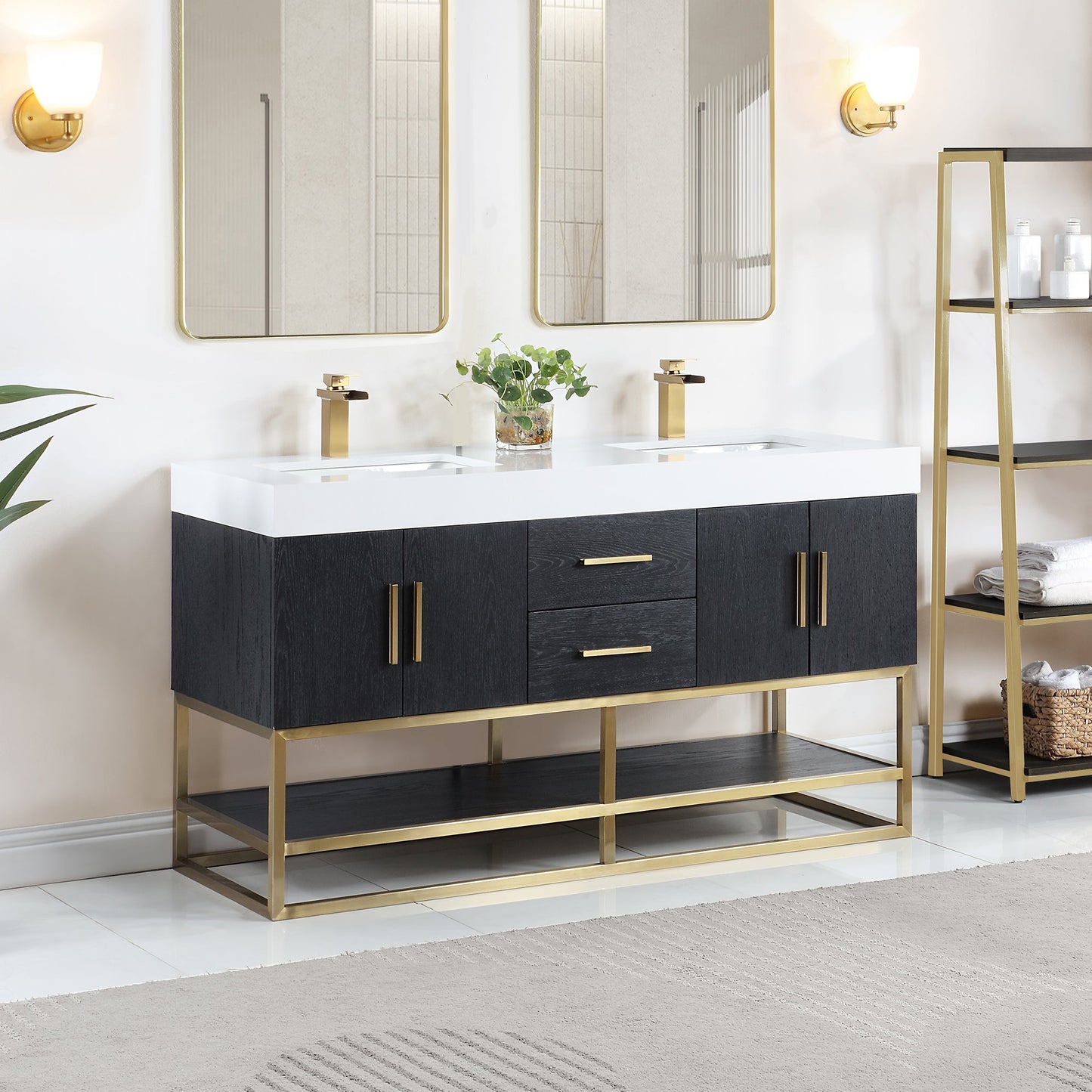 Bianco 60" Double Bathroom Vanity in Black Oak with Brushed Gold Support Base and White Engineered Stone Countertop without Mirror