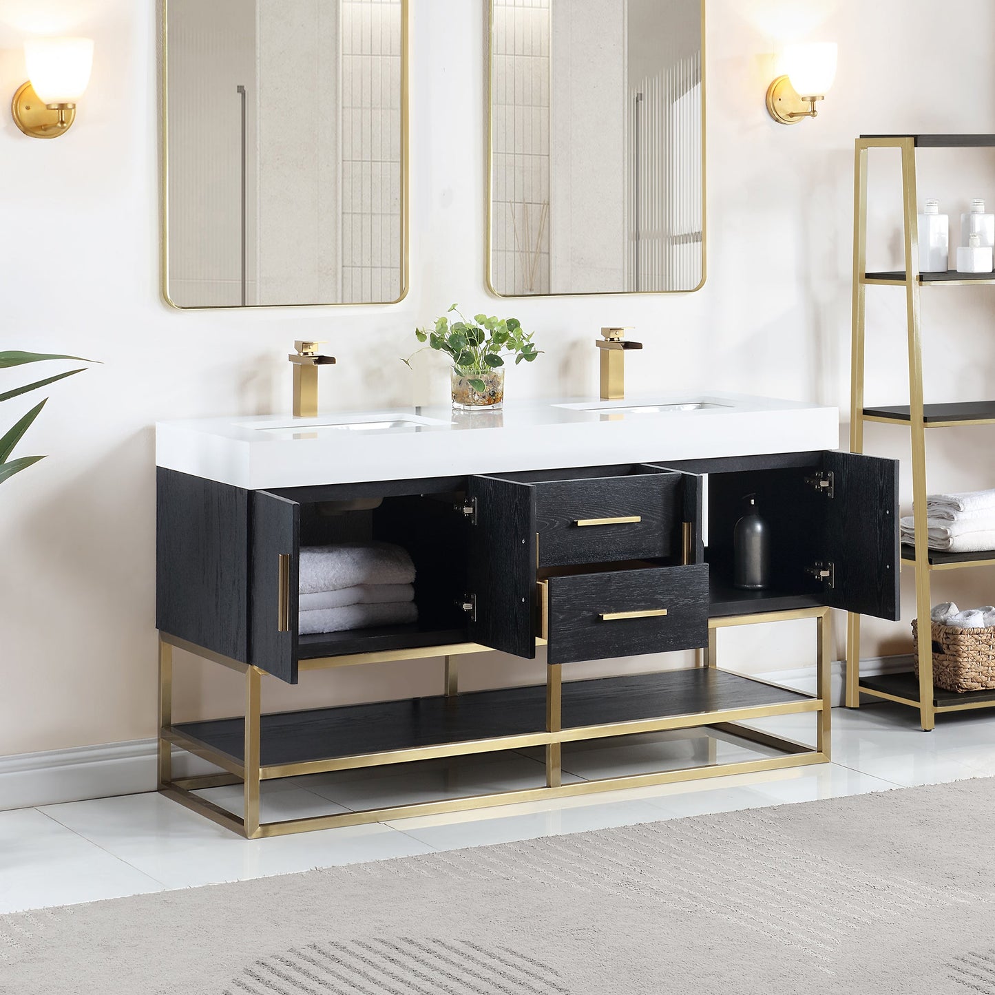 Bianco 60" Double Bathroom Vanity in Black Oak with Brushed Gold Support Base and White Engineered Stone Countertop without Mirror