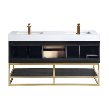 Bianco 60" Double Bathroom Vanity in Black Oak with Brushed Gold Support Base and White Engineered Stone Countertop with Mirror