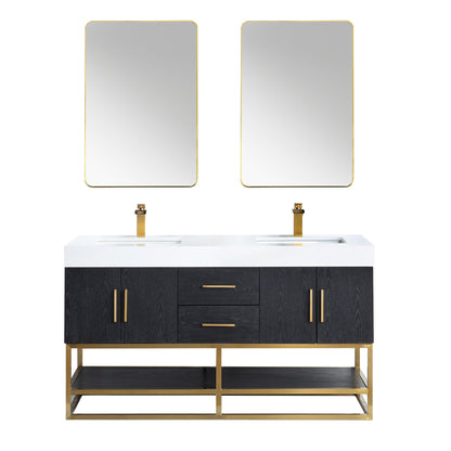 Bianco 60" Double Bathroom Vanity in Black Oak with Brushed Gold Support Base and White Engineered Stone Countertop with Mirror
