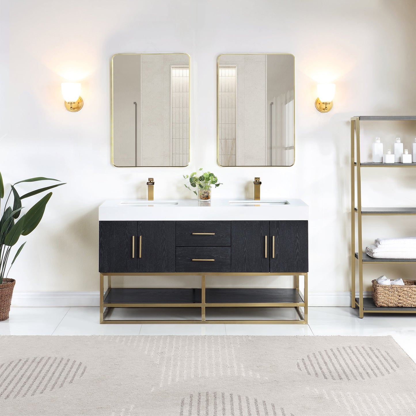 Bianco 60" Double Bathroom Vanity in Black Oak with Brushed Gold Support Base and White Engineered Stone Countertop with Mirror