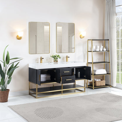 Bianco 60" Double Bathroom Vanity in Black Oak with Brushed Gold Support Base and White Engineered Stone Countertop with Mirror